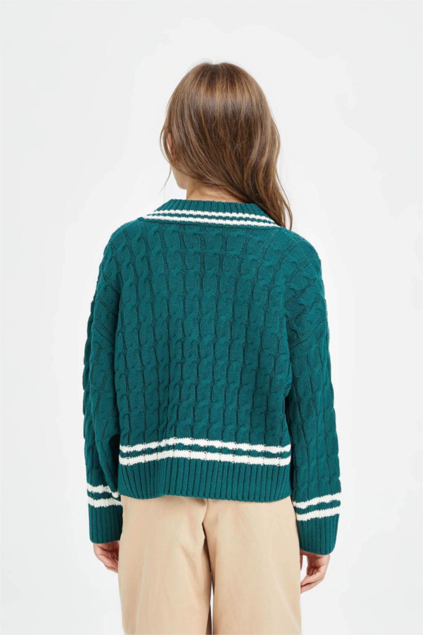 Kız Çocuk - Genç Kız Koyu Yeşil V Yaka Saç Örgülü Triko Kazak Kız Çocuk