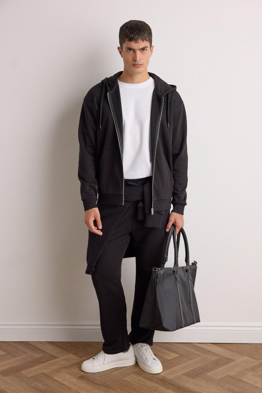 Man Black Regular Fit Basic Tie Waist Straight Leg Sweatpants