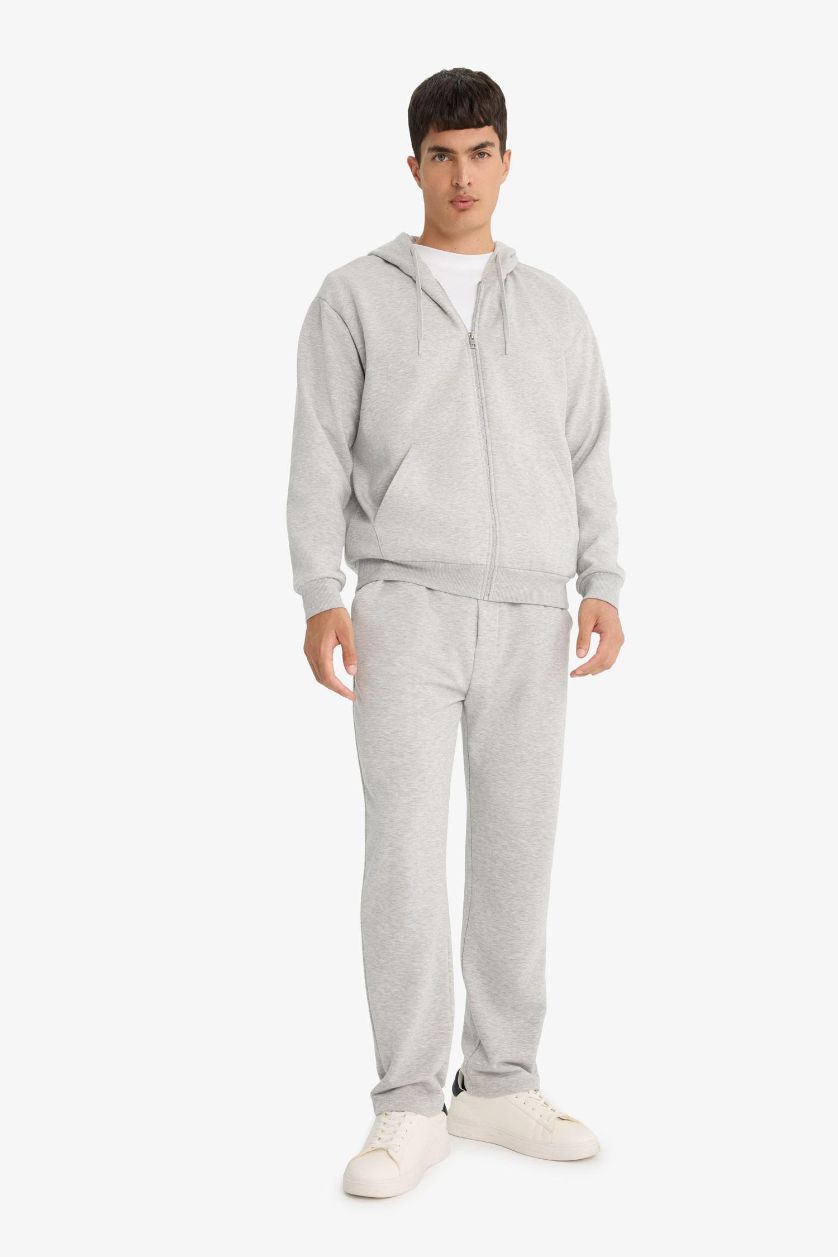 Erkek Gri Melanj Regular Fit Basic Düz Beli Bağcıklı Düz Paça Cepli Eşofman Altı