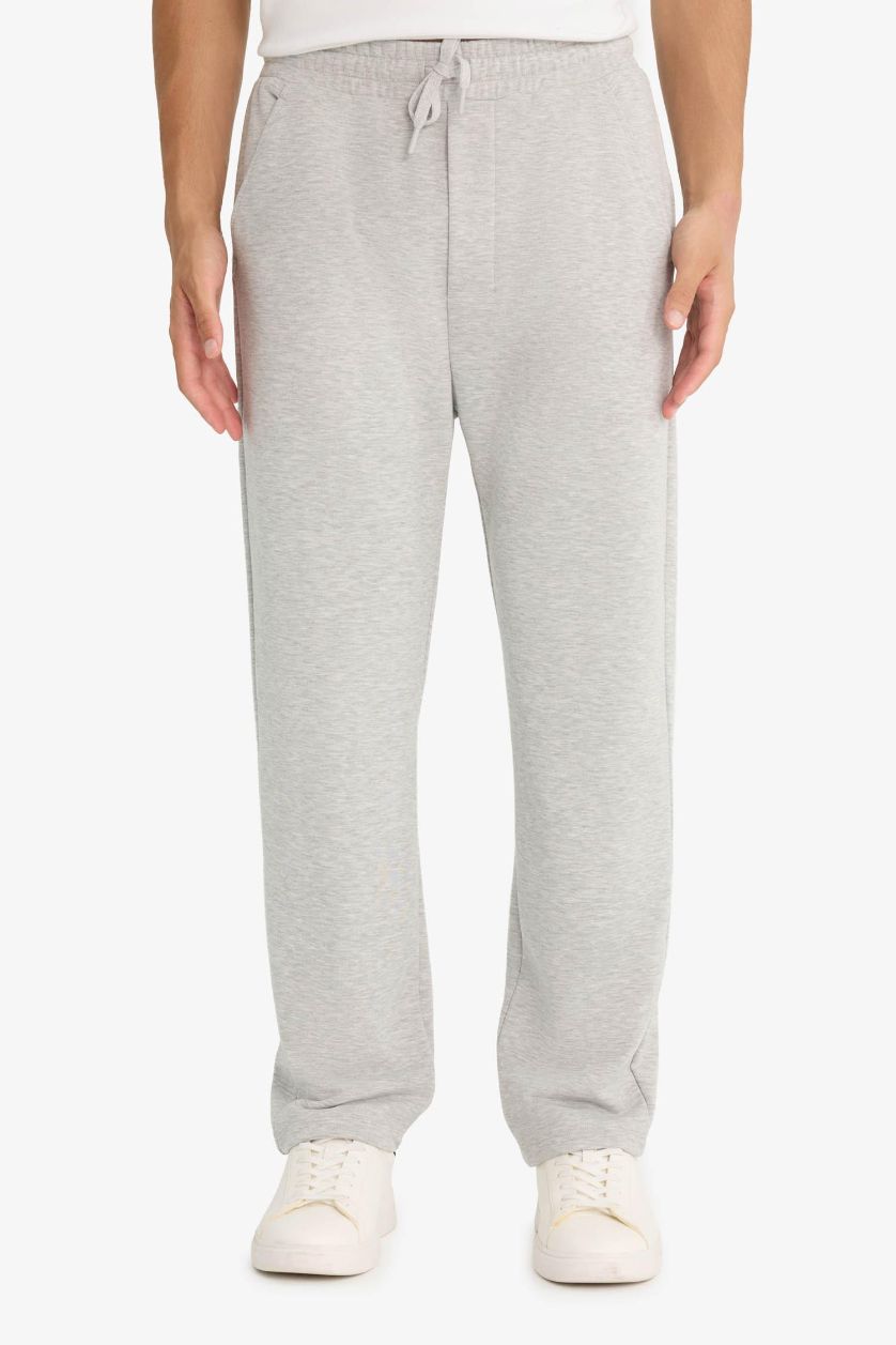 Erkek Gri Melanj Regular Fit Basic Düz Beli Bağcıklı Düz Paça Cepli Eşofman Altı