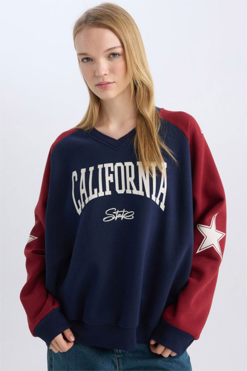 Kadın Lacivert Oversize Geniş Kalıp V Yaka Renk Bloklu Baskılı Kalın Sweatshirt