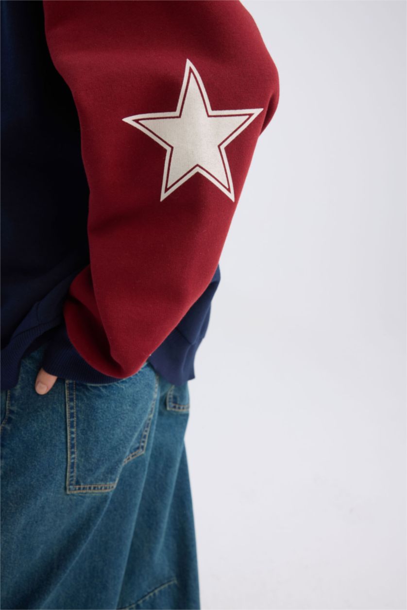 Kadın Lacivert Oversize Geniş Kalıp V Yaka Renk Bloklu Baskılı Kalın Sweatshirt