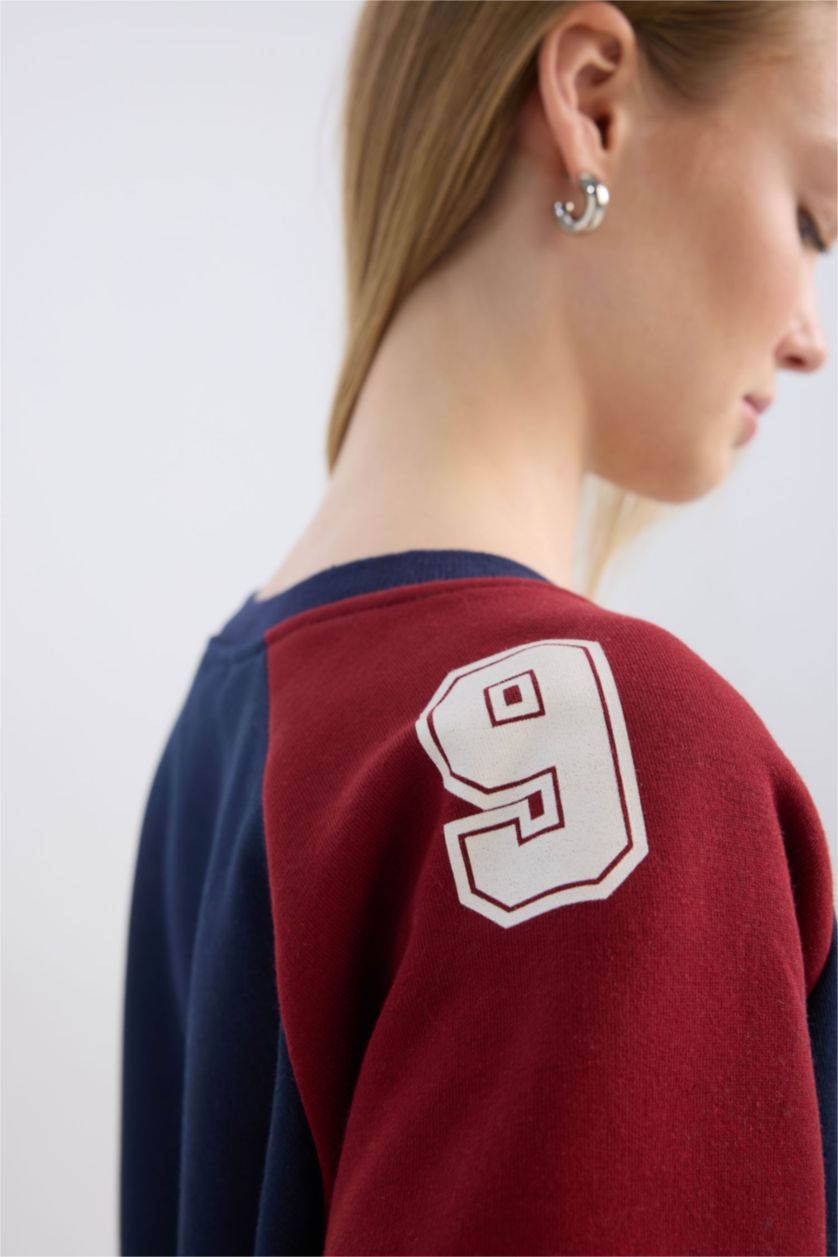 Kadın Lacivert Oversize Geniş Kalıp V Yaka Renk Bloklu Baskılı Kalın Sweatshirt