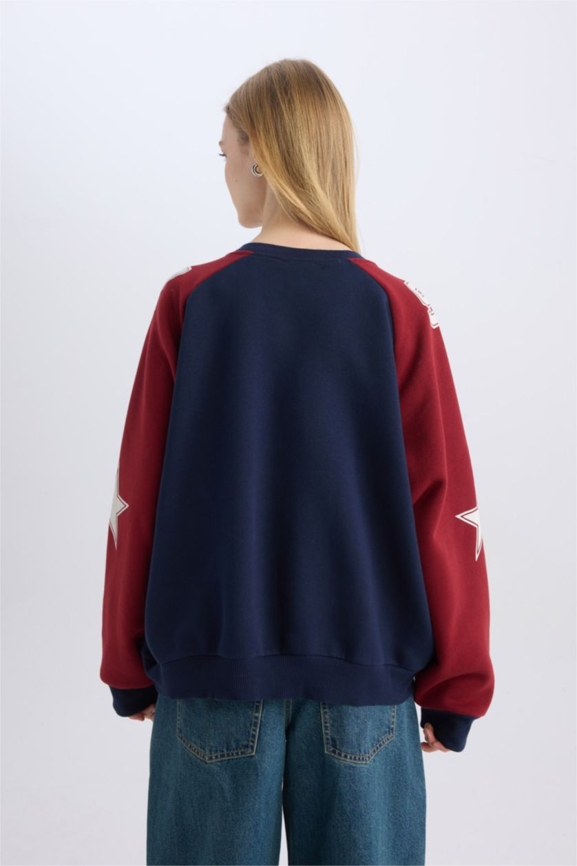 Kadın Lacivert Oversize Geniş Kalıp V Yaka Renk Bloklu Baskılı Kalın Sweatshirt