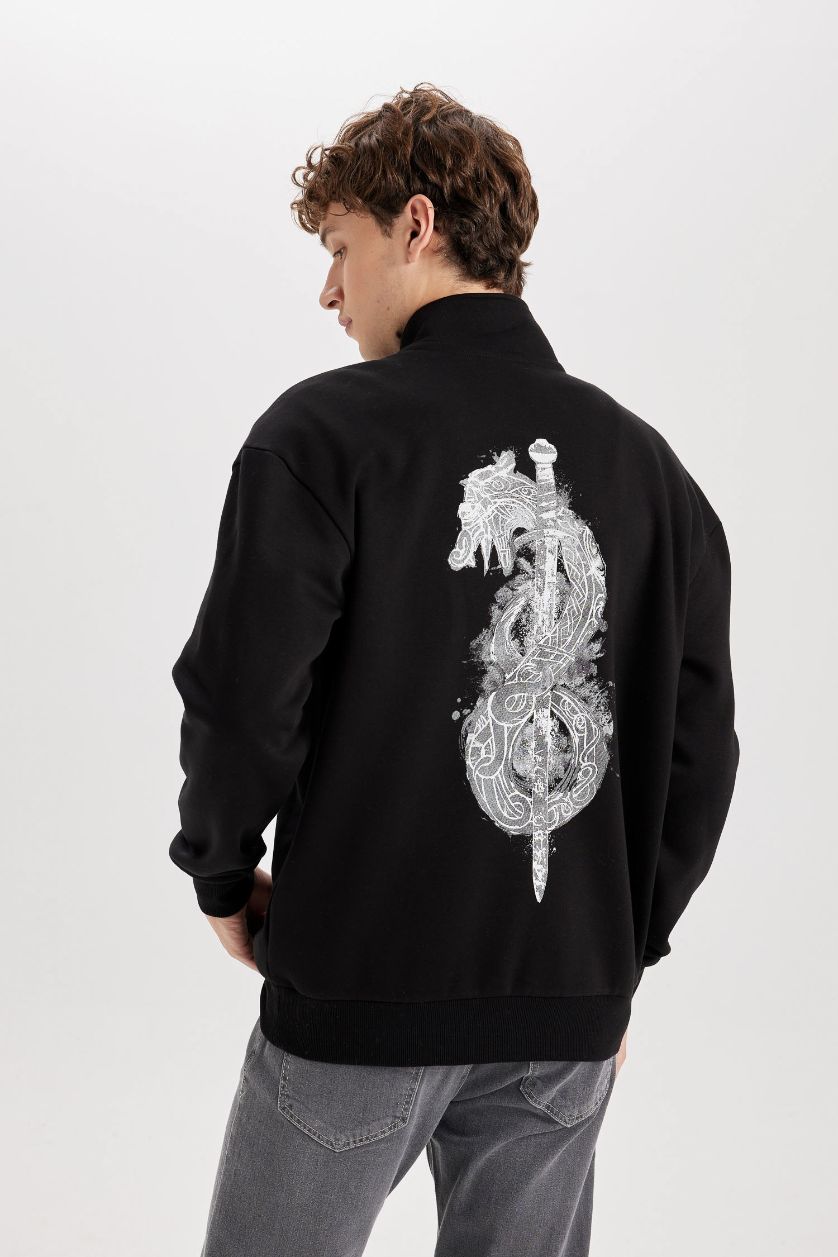 Erkek Siyah Vıkıngs Boxy Fıt Dik Yaka Baskılı Sweatshirt