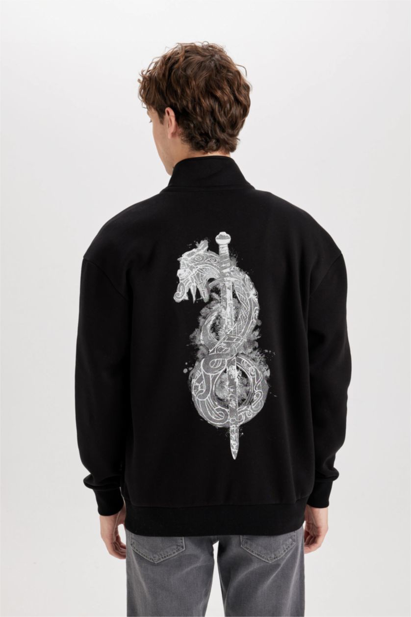 Erkek Siyah Vıkıngs Boxy Fıt Dik Yaka Baskılı Sweatshirt