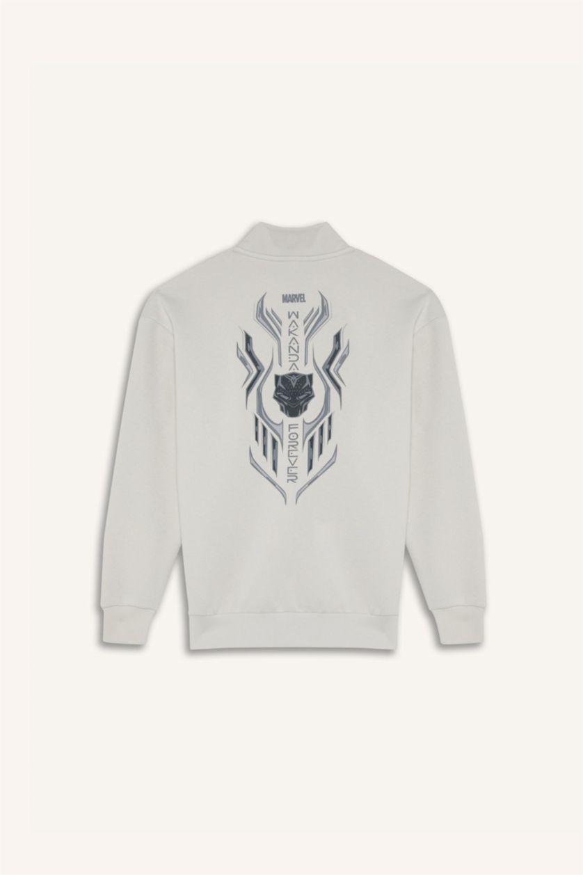 Erkek Açık Gri Marvel Boxy Fit Dik Yaka Fermuarlı Sırt Baskılı Sweatshirt