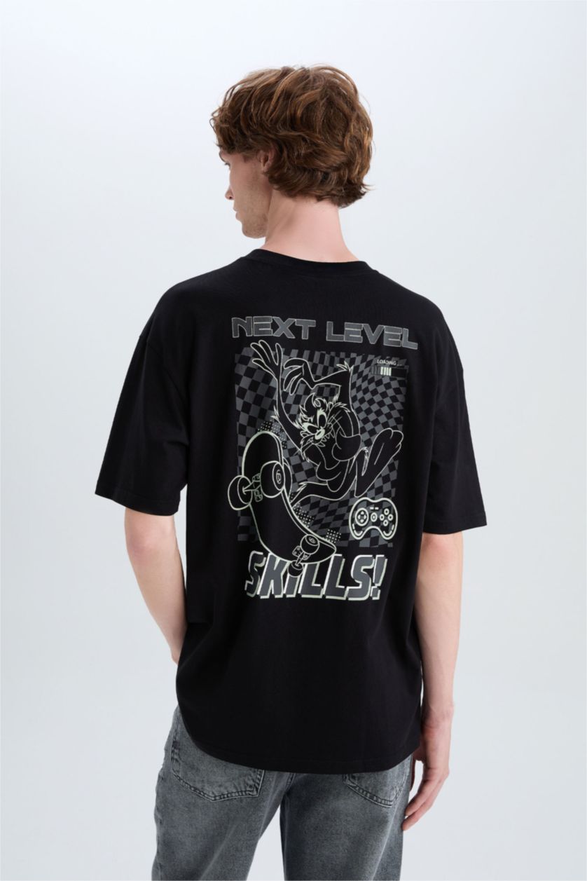 Man Black Looney Tunes Boxy Fit Back Printed Cotton T-Shirt