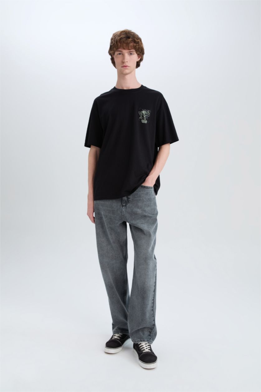 Man Black Looney Tunes Boxy Fit Back Printed Cotton T-Shirt