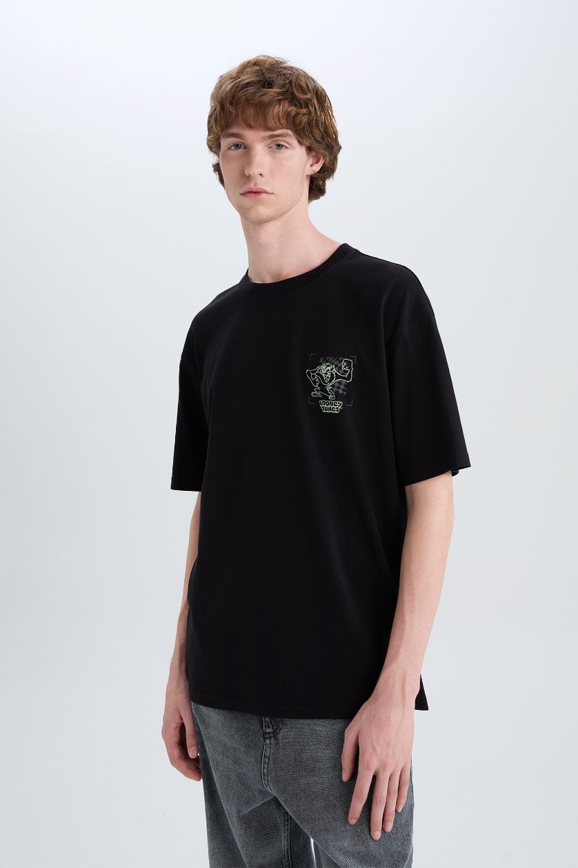 Man Black Looney Tunes Boxy Fit Back Printed Cotton T-Shirt