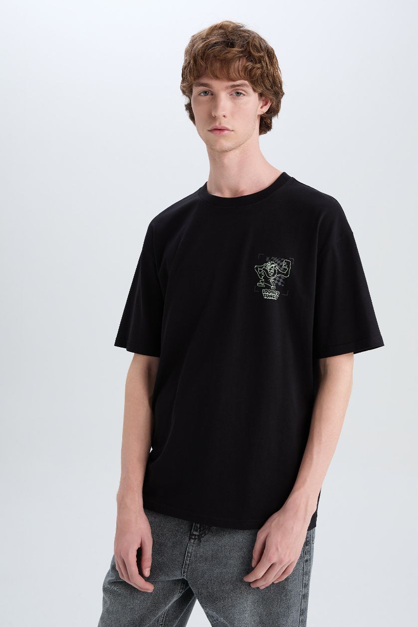 Man Black Looney Tunes Boxy Fit Back Printed Cotton T-Shirt