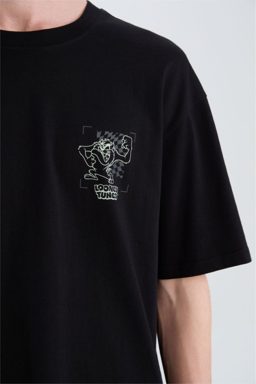 Man Black Looney Tunes Boxy Fit Back Printed Cotton T-Shirt
