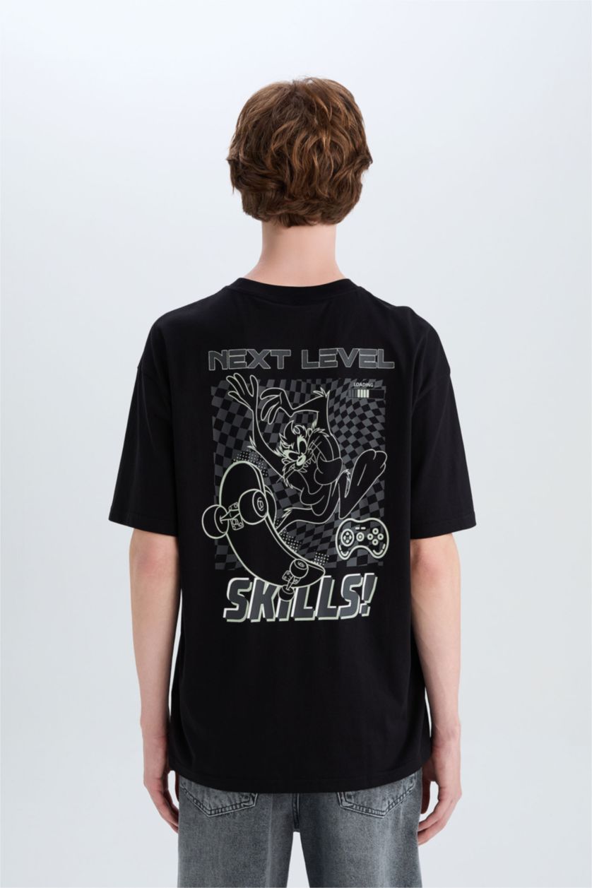 Man Black Looney Tunes Boxy Fit Back Printed Cotton T-Shirt