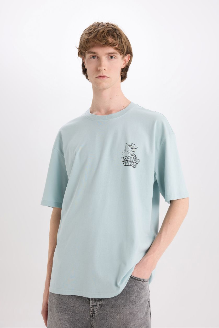 Erkek Açık Mavi %100 Pamuk Looney Tunes Boxy Fit Bisiklet Yaka Sırt Baskılı Kısa Kollu Tişört