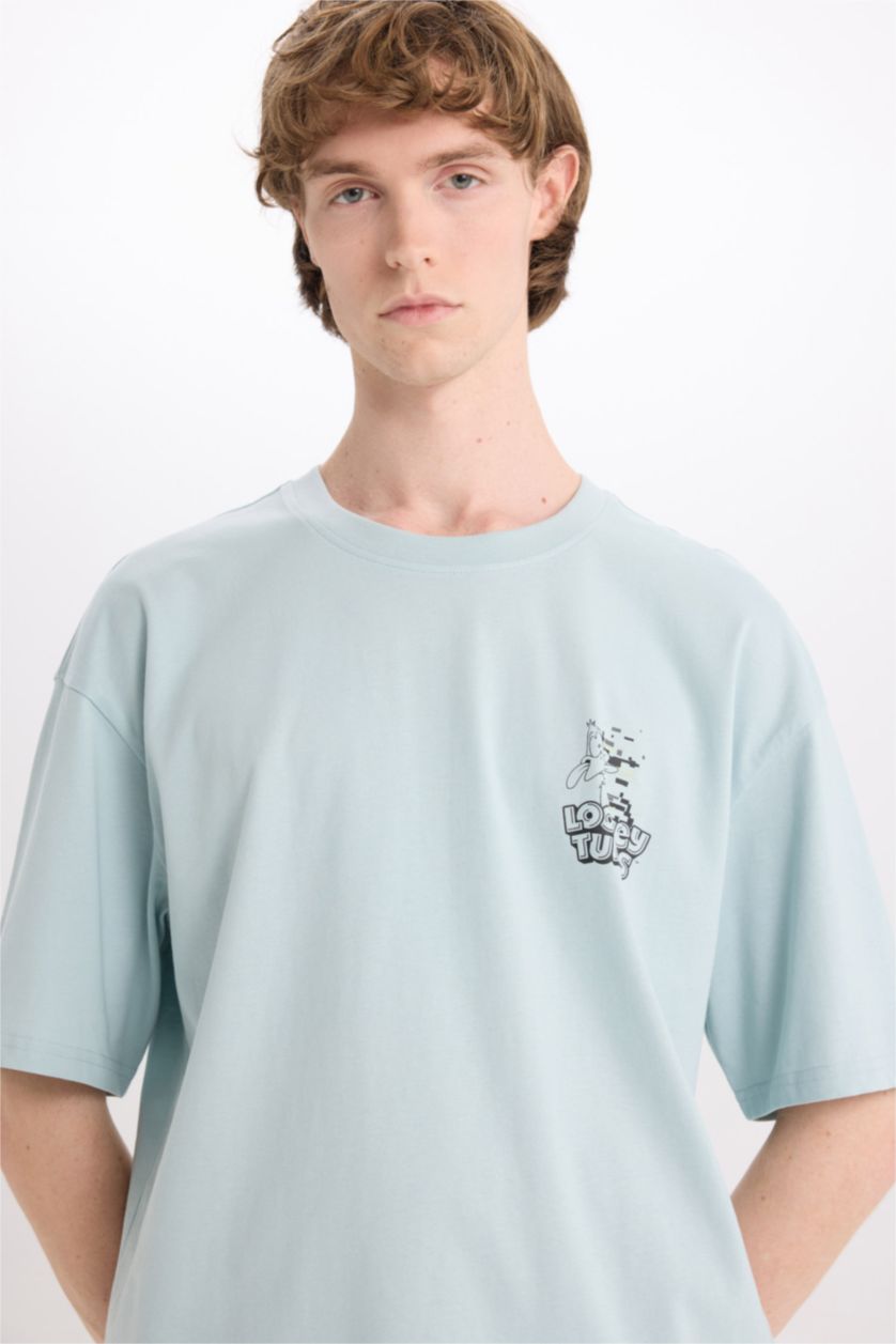 Erkek Açık Mavi %100 Pamuk Looney Tunes Boxy Fit Bisiklet Yaka Sırt Baskılı Kısa Kollu Tişört