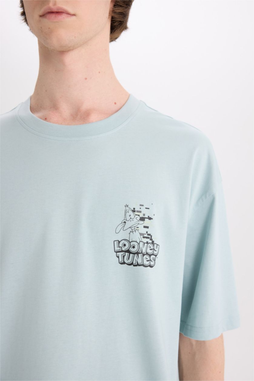 Erkek Açık Mavi %100 Pamuk Looney Tunes Boxy Fit Bisiklet Yaka Sırt Baskılı Kısa Kollu Tişört