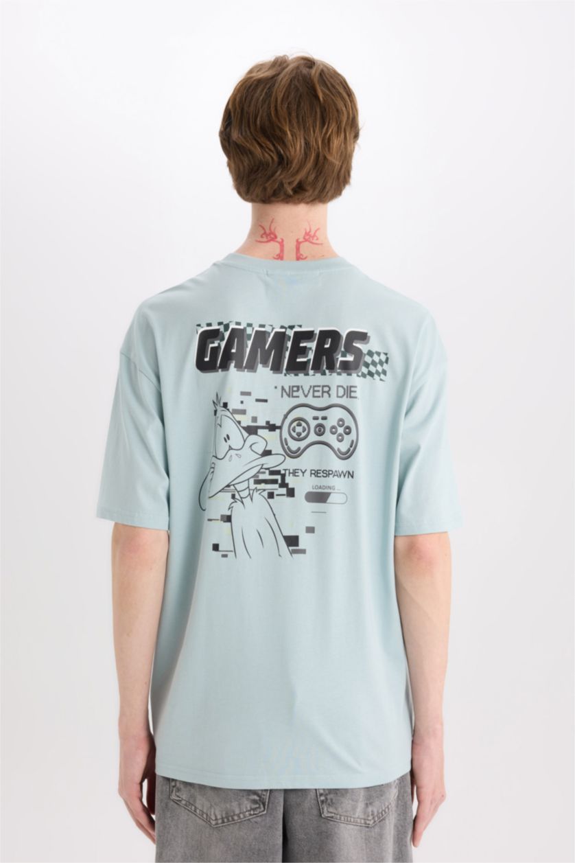 Erkek Açık Mavi %100 Pamuk Looney Tunes Boxy Fit Bisiklet Yaka Sırt Baskılı Kısa Kollu Tişört