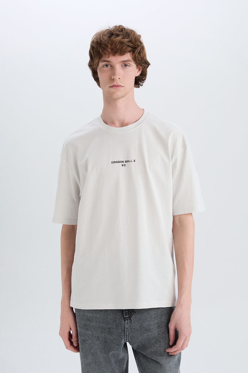 رجالي رمادي فاتح تيشيرت قطن نص كم أوفر سايز بطبعة من الخلف