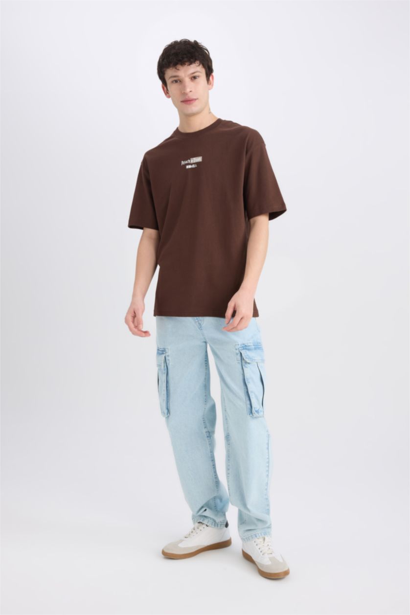 MAN Brown Boxy Fit Crew Neck Printed Short Sleeve T-Shirt