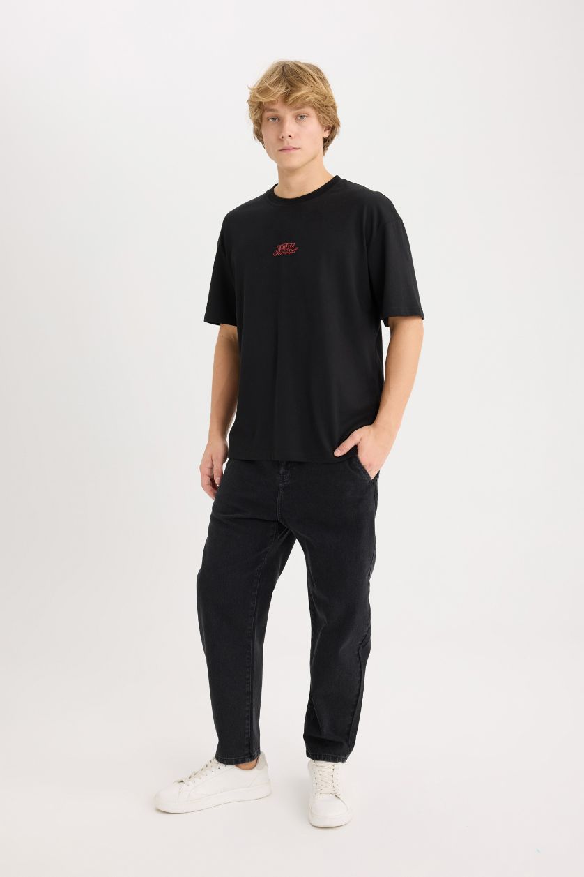 Erkek Siyah %100 Pamuk Marvel Boxy Fit Bisiklet Yaka Sırt Baskılı Kısa Kollu Tişört