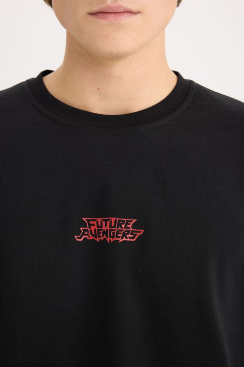 Erkek Siyah %100 Pamuk Marvel Boxy Fit Bisiklet Yaka Sırt Baskılı Kısa Kollu Tişört