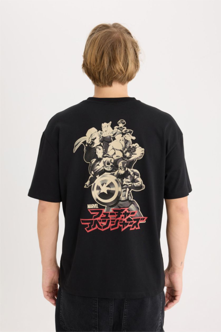 Erkek Siyah %100 Pamuk Marvel Boxy Fit Bisiklet Yaka Sırt Baskılı Kısa Kollu Tişört