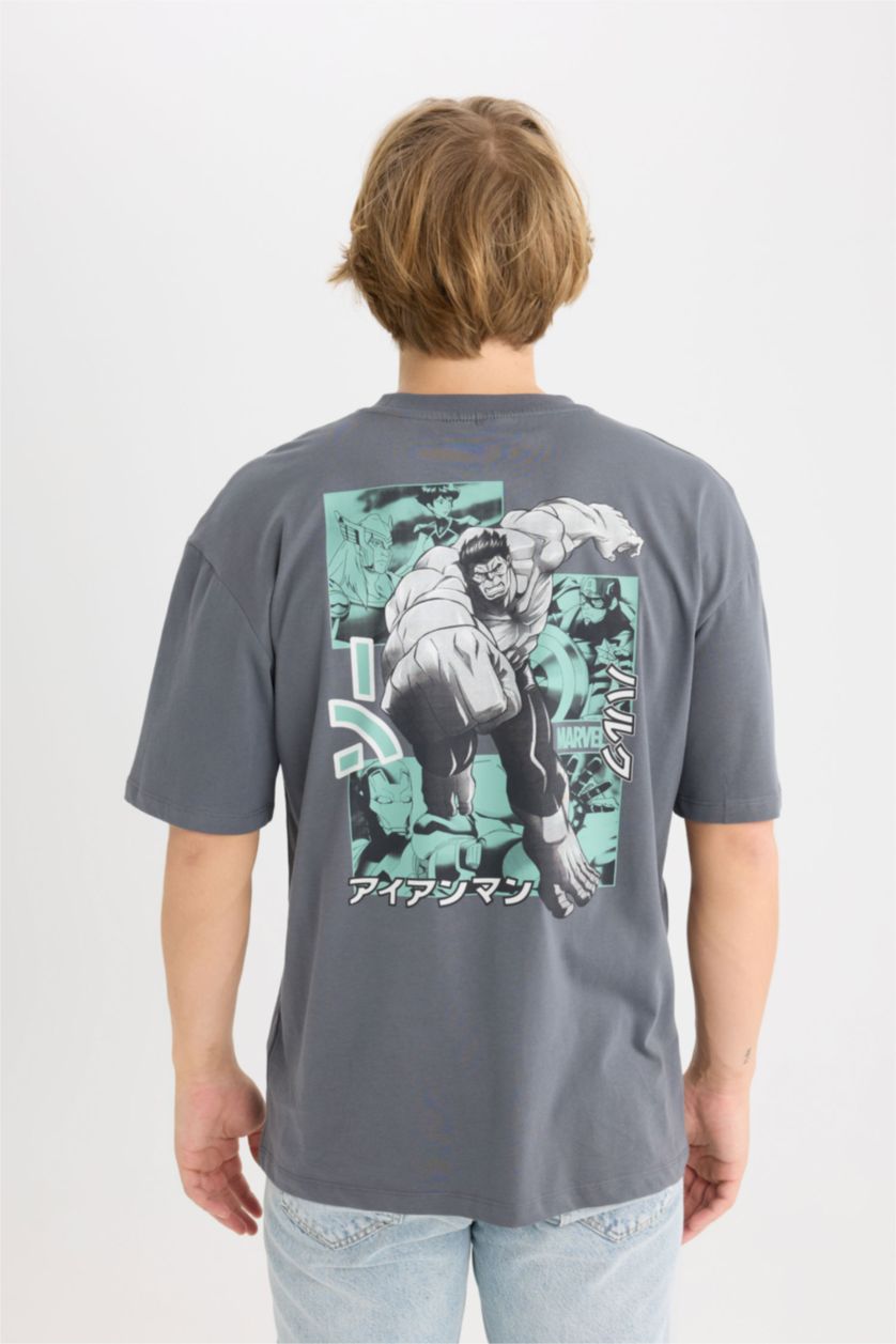 رجالي أنثرا تيشيرت قطن أوفر سايز مطبوع برقبة مستديرة من مارفل