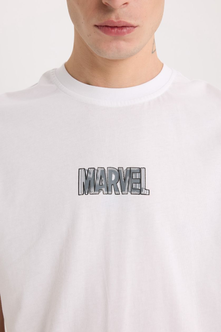 Erkek Beyaz %100 Pamuk Marvel Logo Only Regular Fit Bisiklet Yaka Kısa Kollu Tişört