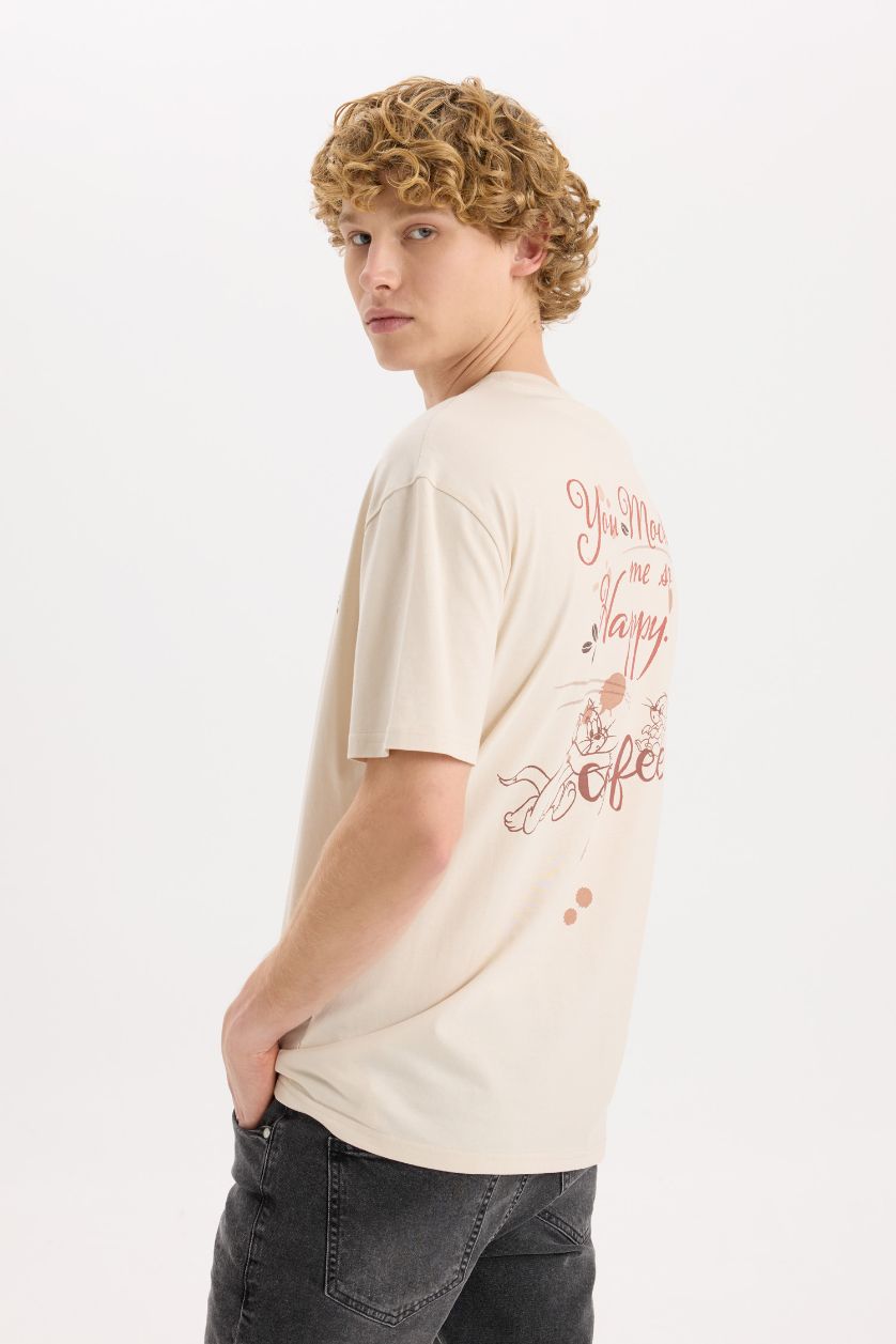 Erkek Taş %100 Pamuk Tom & Jerry Regular Fit Bisiklet Yaka Sırt Baskılı Kısa Kollu Tişört