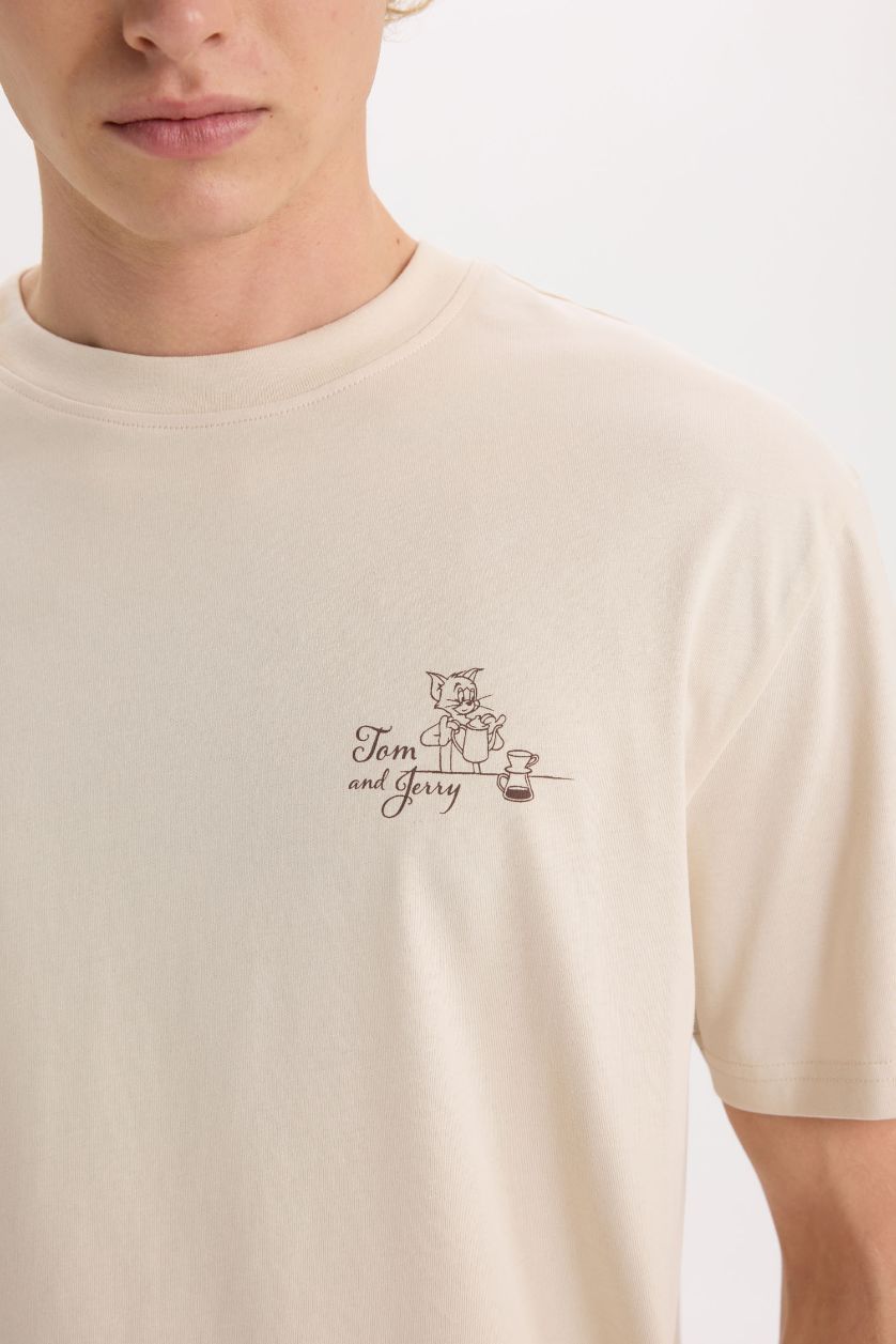 Erkek Taş %100 Pamuk Tom & Jerry Regular Fit Bisiklet Yaka Sırt Baskılı Kısa Kollu Tişört