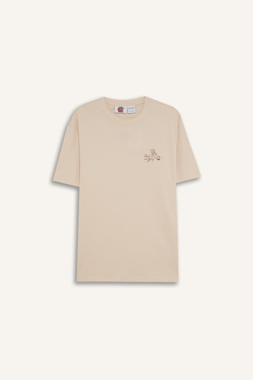 Erkek Taş %100 Pamuk Tom & Jerry Regular Fit Bisiklet Yaka Sırt Baskılı Kısa Kollu Tişört