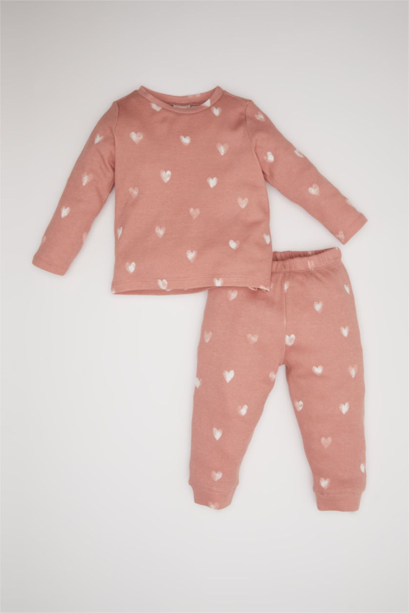 Kız Bebek Pembe Kız Bebek Pijama Takımı Kalp Desenli Uzun Kollu Waffle Üst Beli Lastikli Uzun Alt