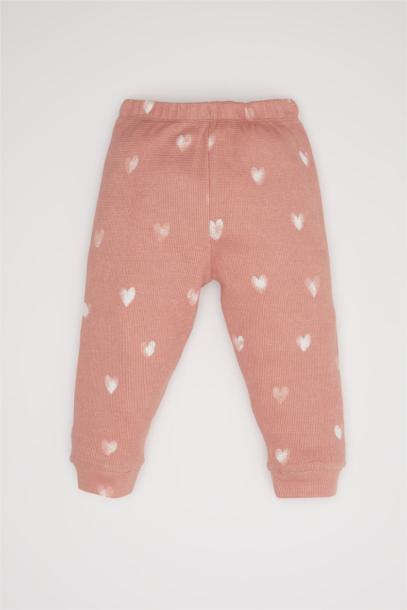 Kız Bebek Pembe Kız Bebek Pijama Takımı Kalp Desenli Uzun Kollu Waffle Üst Beli Lastikli Uzun Alt