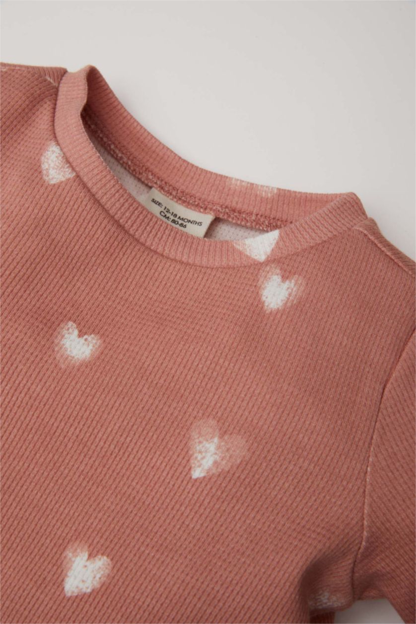 Kız Bebek Pembe Kız Bebek Pijama Takımı Kalp Desenli Uzun Kollu Waffle Üst Beli Lastikli Uzun Alt