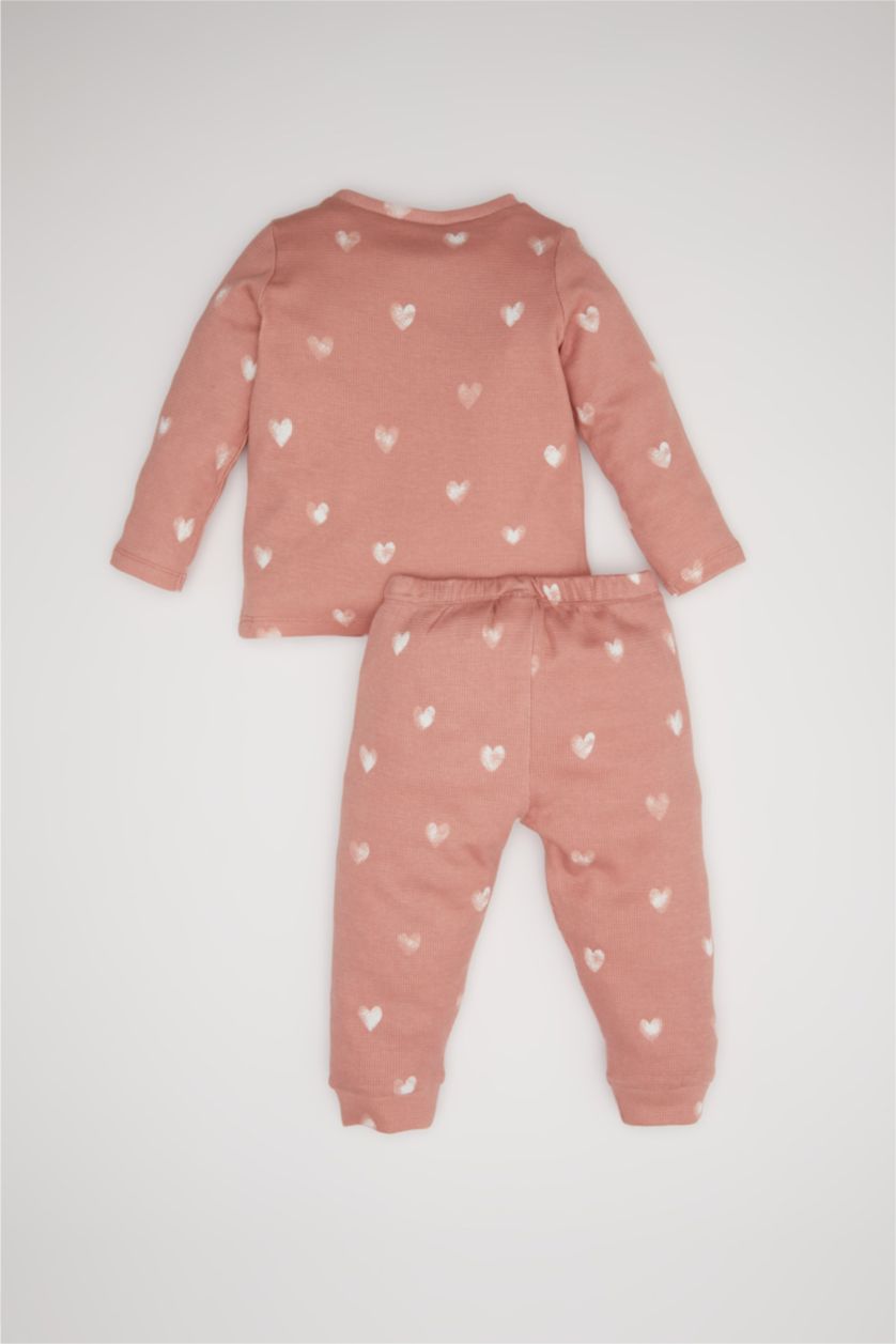 Kız Bebek Pembe Kız Bebek Pijama Takımı Kalp Desenli Uzun Kollu Waffle Üst Beli Lastikli Uzun Alt