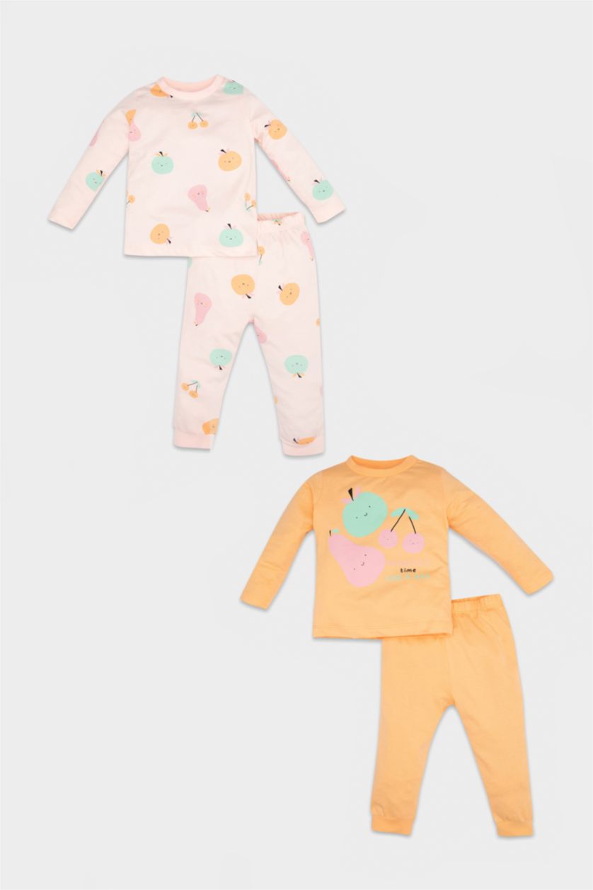 Kız Bebek Pembe Kız Bebek Pijama Takımı Penye 4'lü Meyve Desenli Uzun Kollu Üst Beli Lastikli Uzun Alt