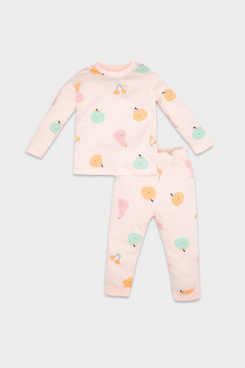 Kız Bebek Pembe Kız Bebek Pijama Takımı Penye 4'lü Meyve Desenli Uzun Kollu Üst Beli Lastikli Uzun Alt