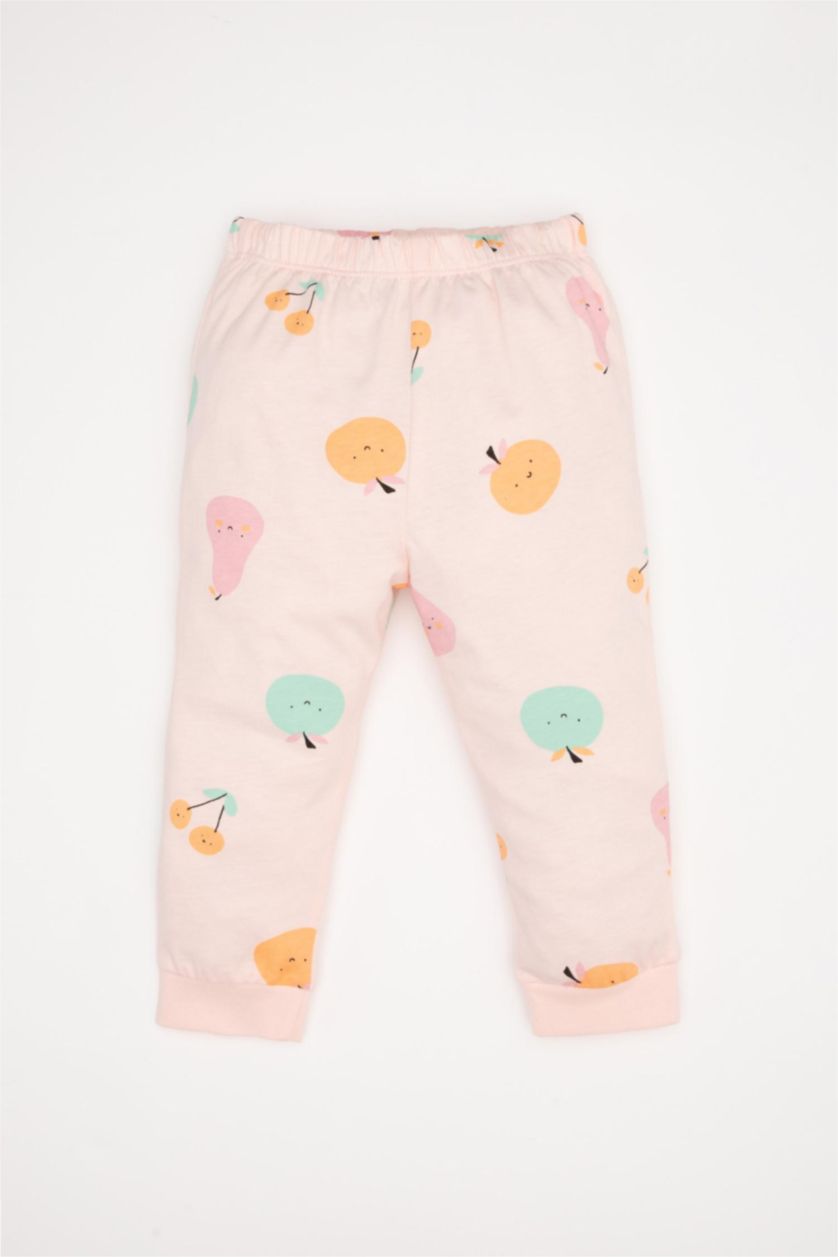 Kız Bebek Pembe Kız Bebek Pijama Takımı Penye 4'lü Meyve Desenli Uzun Kollu Üst Beli Lastikli Uzun Alt
