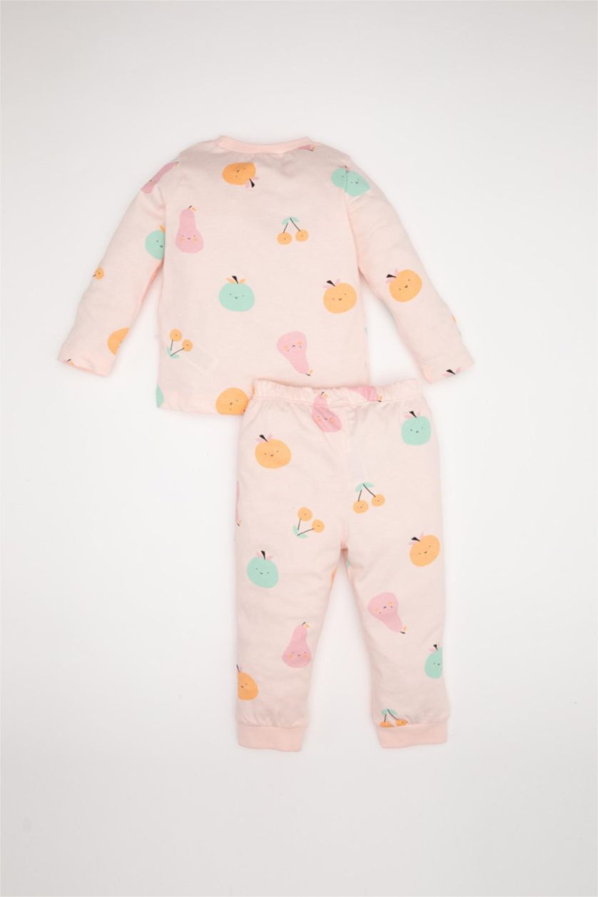 Kız Bebek Pembe Kız Bebek Pijama Takımı Penye 4'lü Meyve Desenli Uzun Kollu Üst Beli Lastikli Uzun Alt