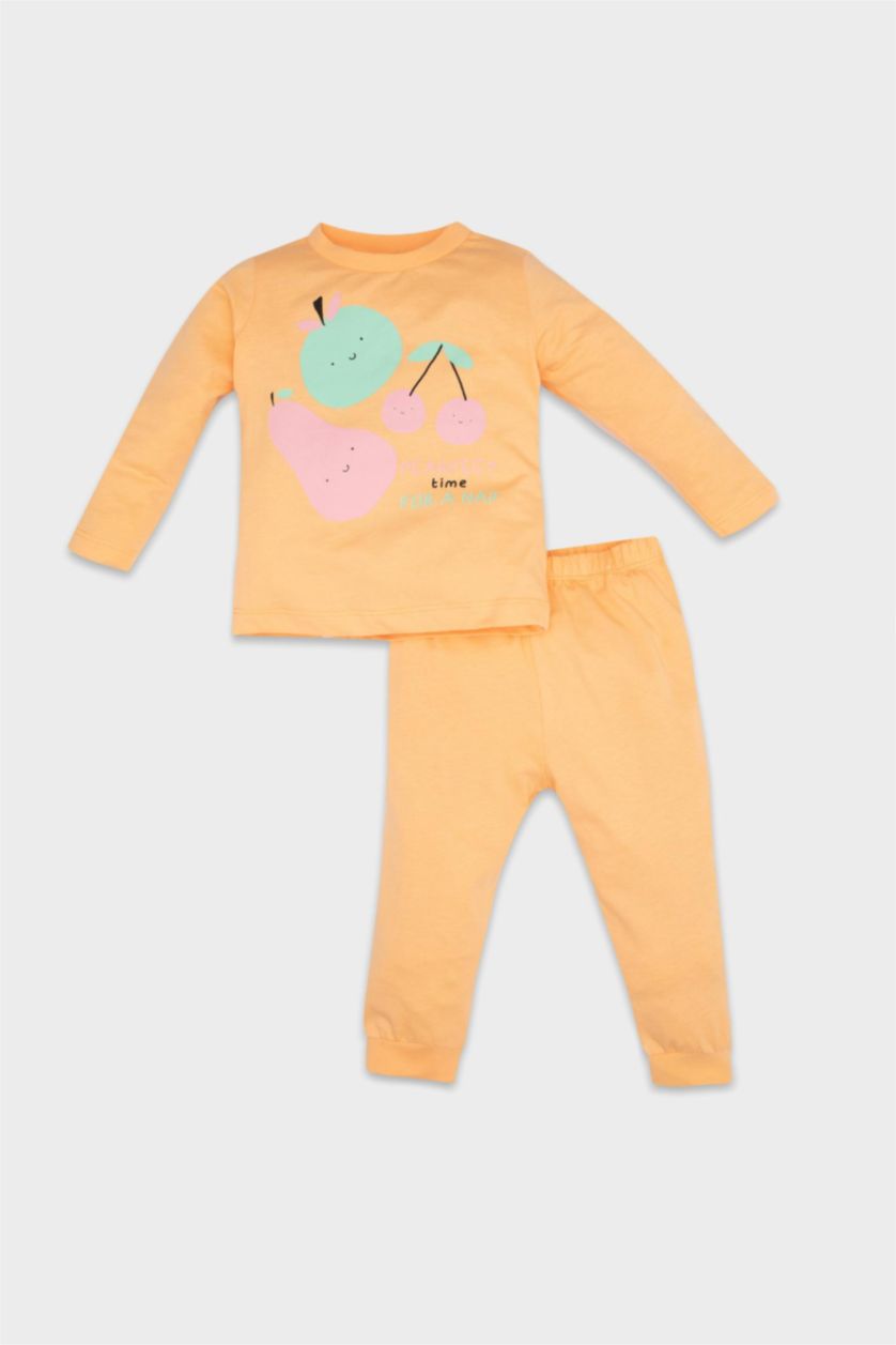 Kız Bebek Pembe Kız Bebek Pijama Takımı Penye 4'lü Meyve Desenli Uzun Kollu Üst Beli Lastikli Uzun Alt