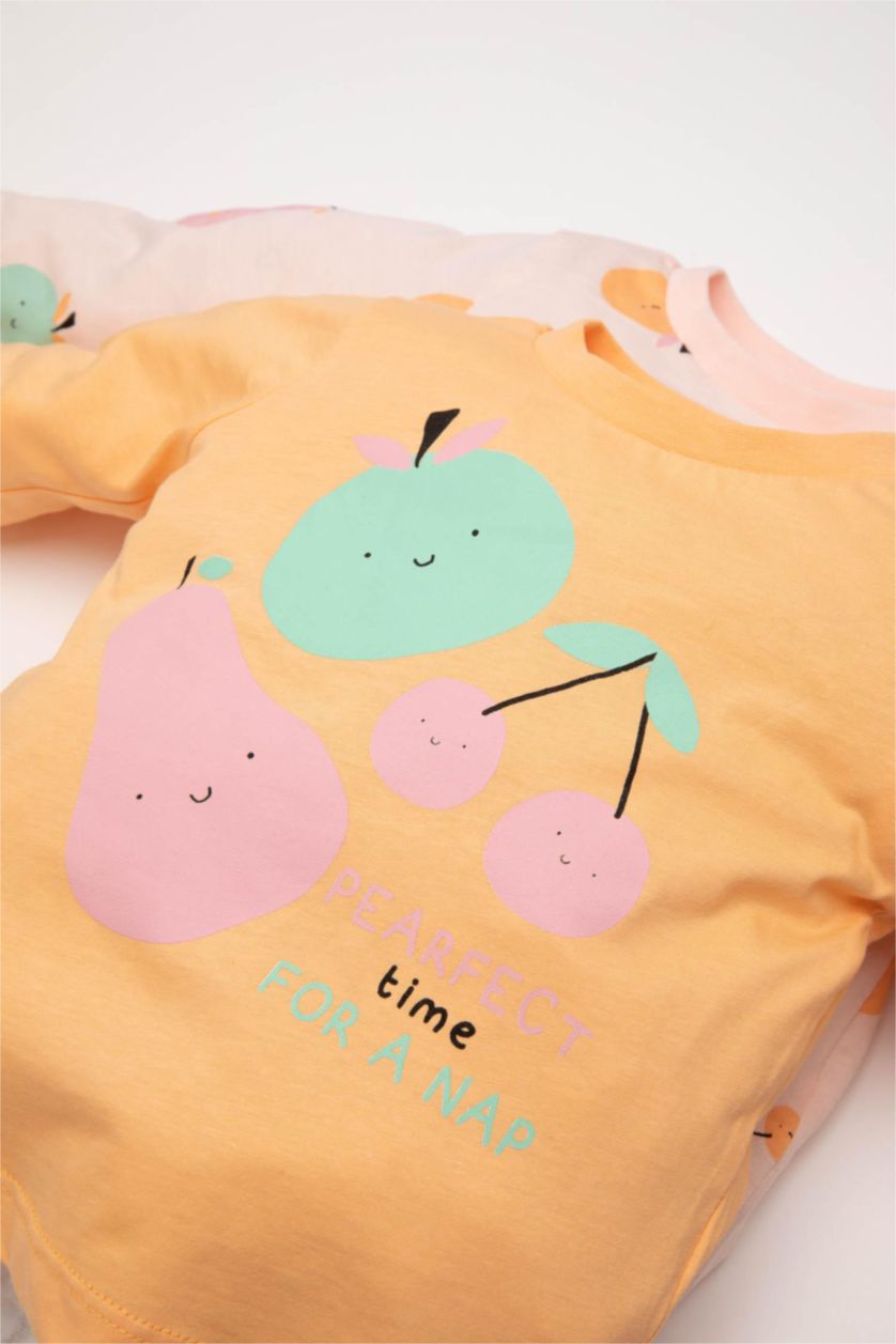 Kız Bebek Pembe Kız Bebek Pijama Takımı Penye 4'lü Meyve Desenli Uzun Kollu Üst Beli Lastikli Uzun Alt