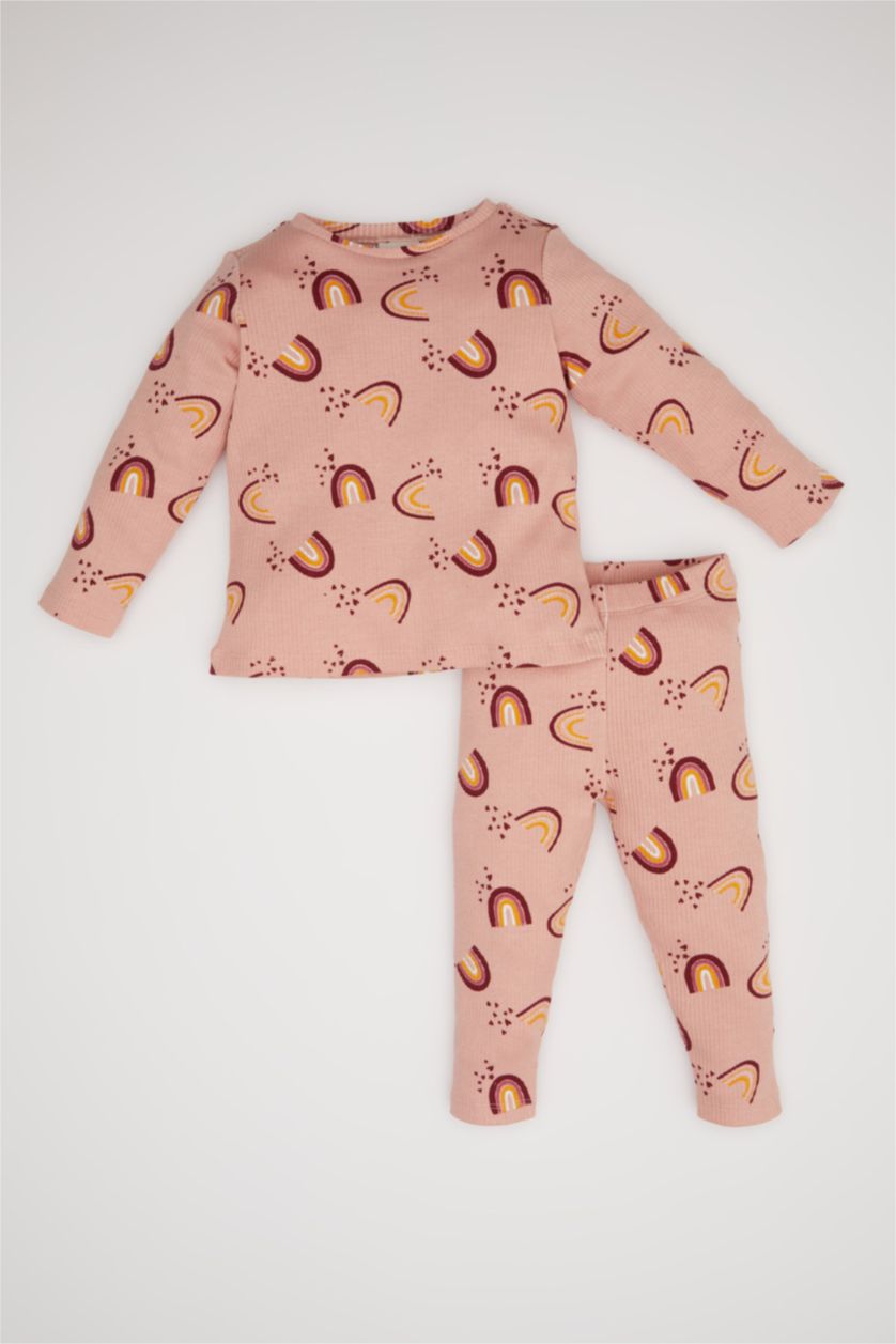 Kız Bebek Gülkurusu Pijama Takımı Gökkuşağı Baskılı Uzun Kollu Fitilli Kaşkorse Üst Beli Lastikli Uzun Alt Kız Bebek