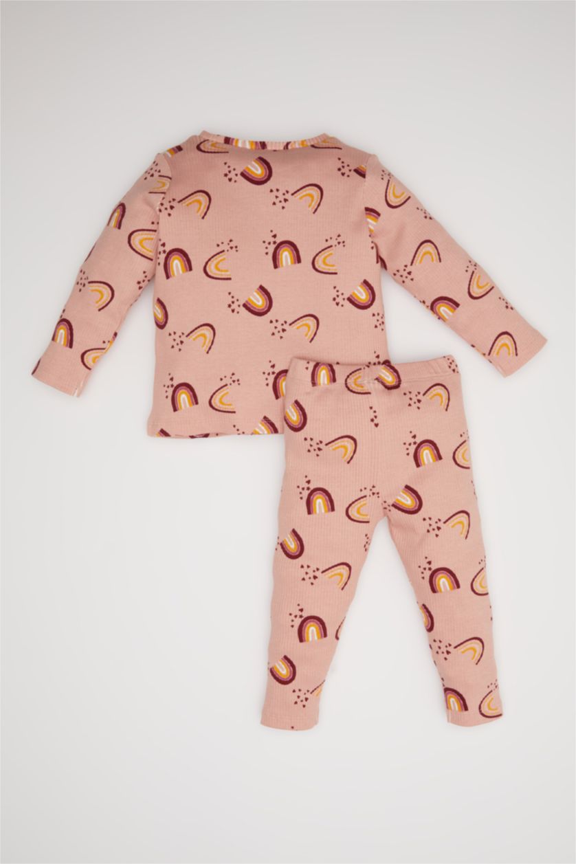 Kız Bebek Gülkurusu Pijama Takımı Gökkuşağı Baskılı Uzun Kollu Fitilli Kaşkorse Üst Beli Lastikli Uzun Alt Kız Bebek