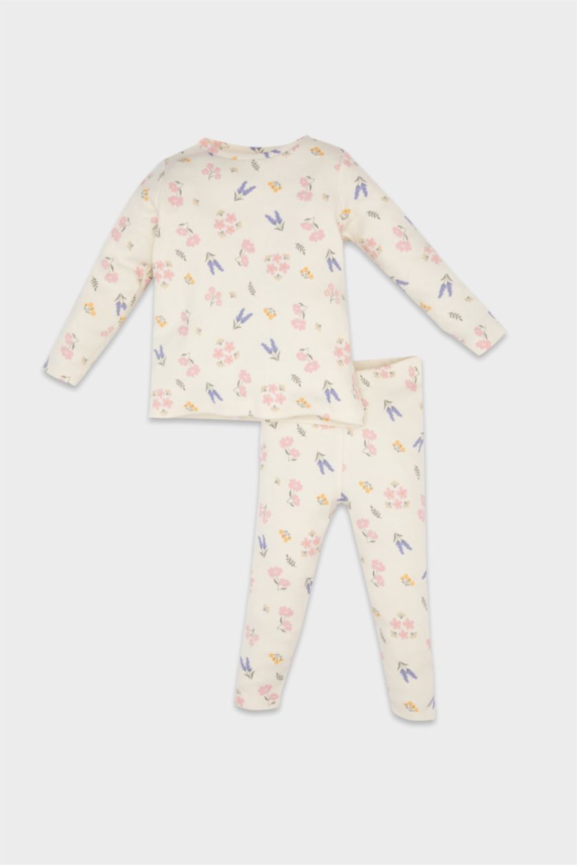 Baby Girls Ecru 2 piece Regular Fit Crew Neck Flower Knitted Pyjamas