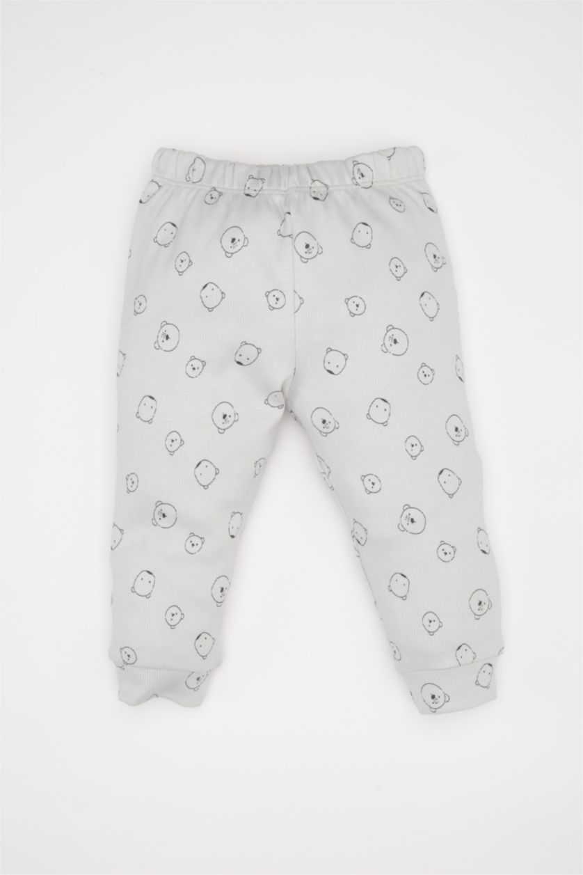 Erkek Bebek Açık Gri Erkek Bebek Pijama Takımı Ayı Desenli Uzun Kollu Fitilli Kaşkorse Üst Beli Lastikli Uzun Alt