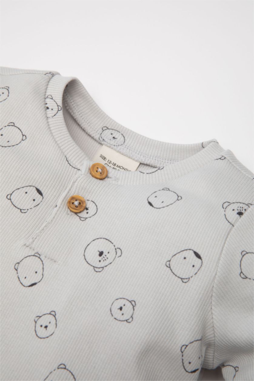 Erkek Bebek Açık Gri Erkek Bebek Pijama Takımı Ayı Desenli Uzun Kollu Fitilli Kaşkorse Üst Beli Lastikli Uzun Alt