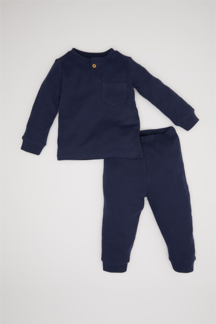 Erkek Bebek Lacivert Erkek Bebek Pijama Takımı Uzun Kollu Waffle Üst Beli Lastikli Uzun Alt