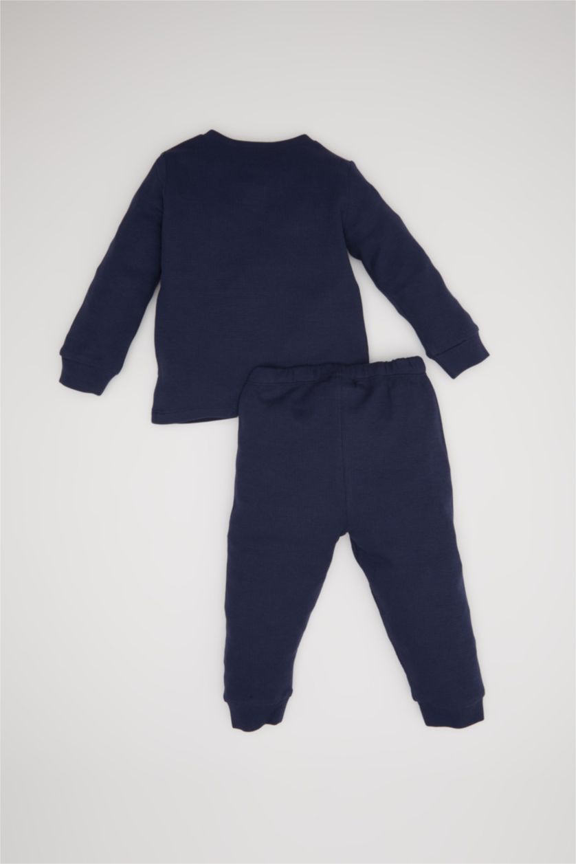 Erkek Bebek Lacivert Erkek Bebek Pijama Takımı Uzun Kollu Waffle Üst Beli Lastikli Uzun Alt