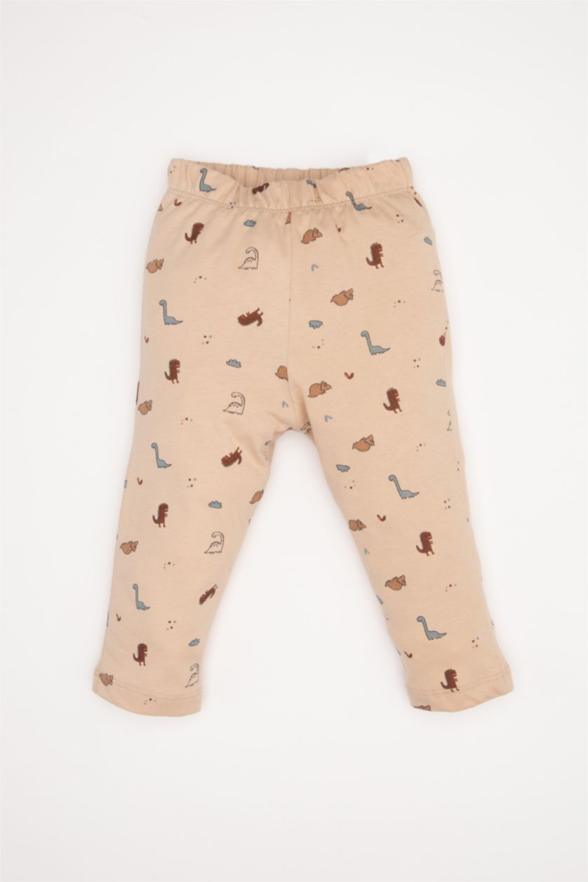 Erkek Bebek Bej Pijama Takımı Dinozor Desenli Uzun Kollu Penye Üst Beli Lastikli Uzun Alt Erkek Bebek