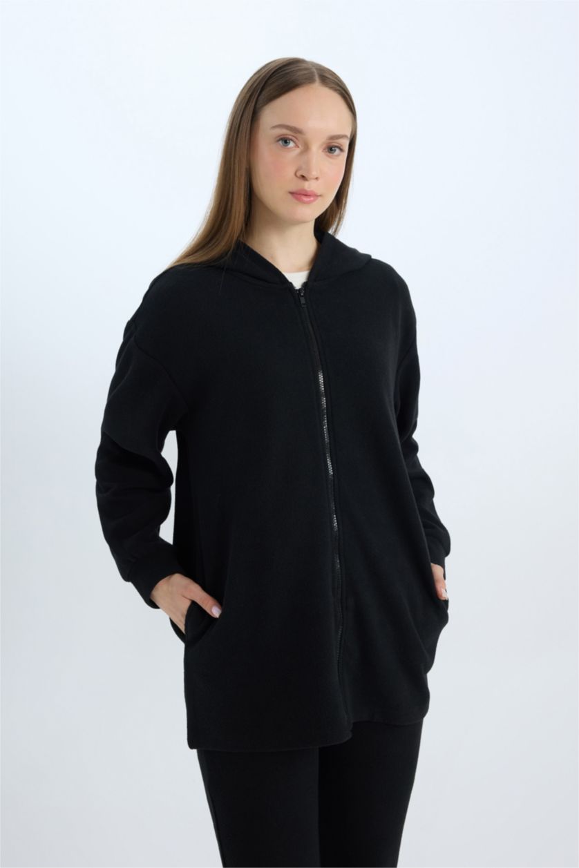 Kadın Siyah Kapüşonlu Basic Düz Fermuarlı Cepli Selanik Kumaş Uzun Triko Hırka